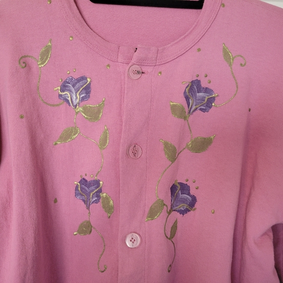 Handpainted Button Down Sweatshirt Dusty Rose w/Painted Florals Youth Sz 14/Lg - Picture 2 of 9